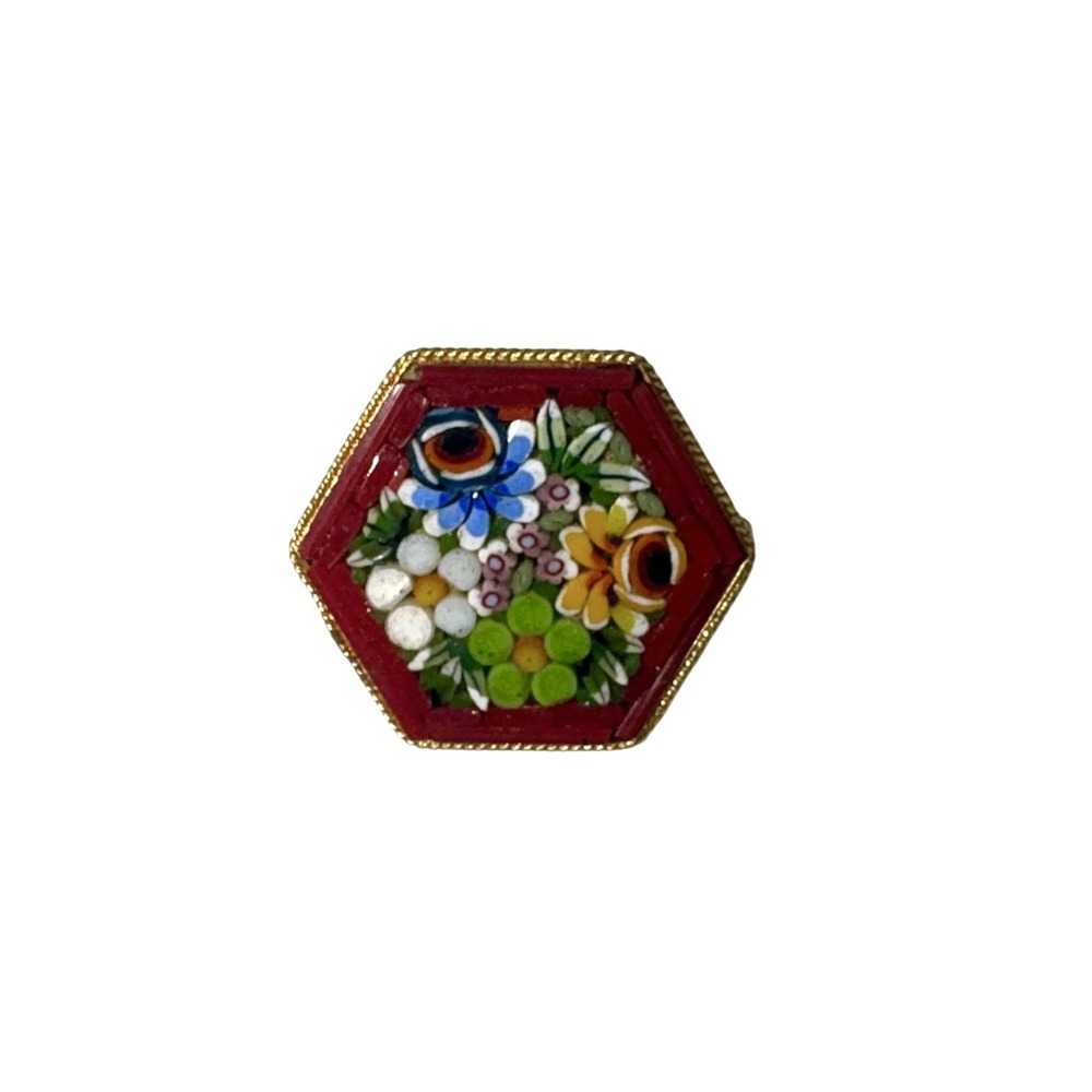 Vintage Italy GoldTone Red Border Floral Bouquet Micro Mosaic Hexagon Brooch Pin